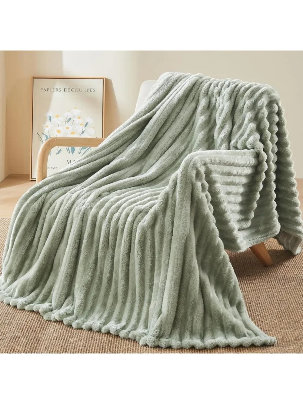 Cozy Sage Green Ribbed Throw Blanket | Soft Silky Flannel Fleece | All Season